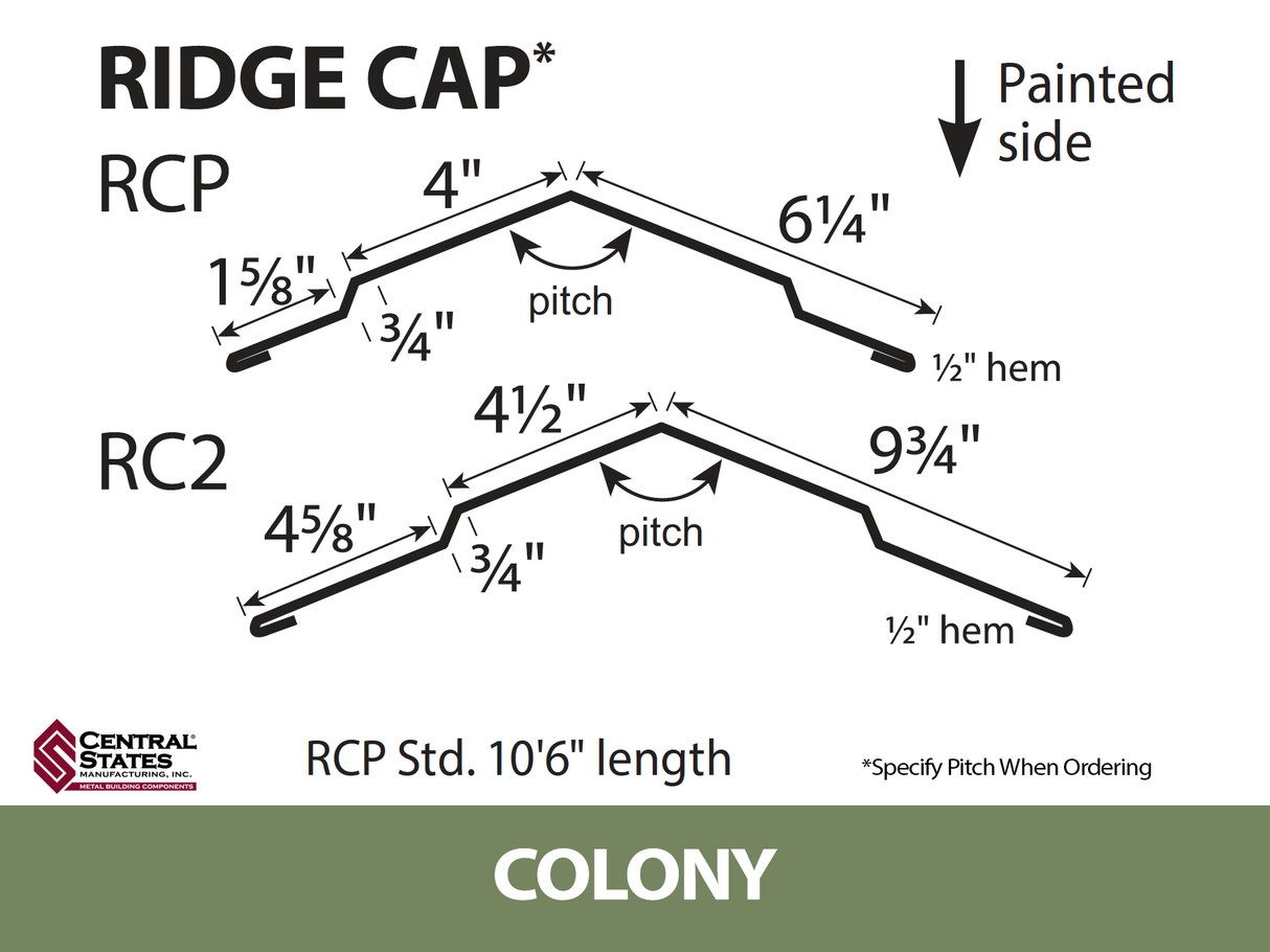 (Various Widths) 10'6" Ridge Cap - 29 ga.