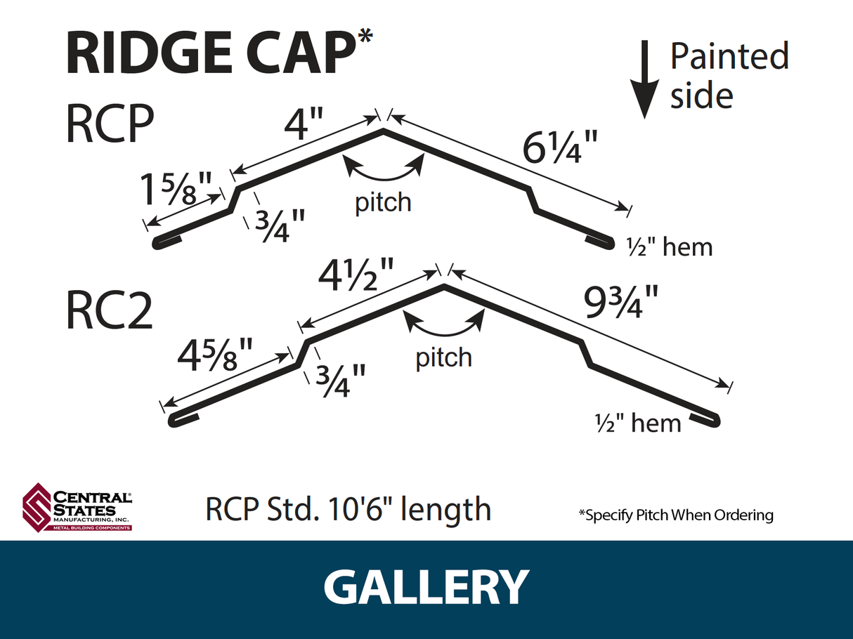 (Various Widths) 10'6" Ridge Cap - 29 ga.