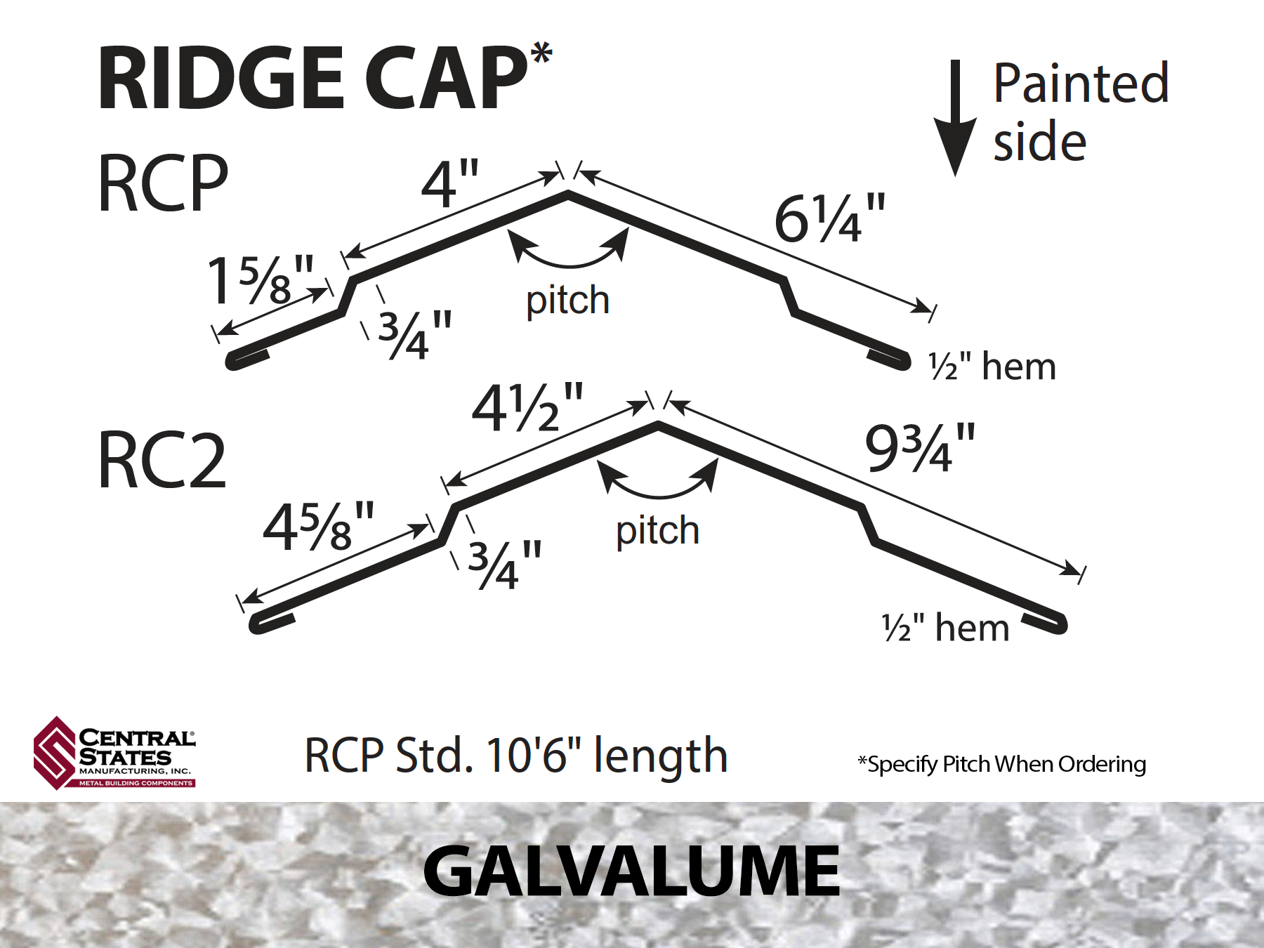 Galvalume (Various Widths) 10'6" Ridge Cap - 29 ga.