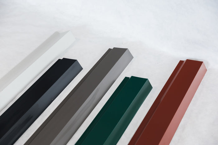 Metal trim and flashing profiles in grey, black, green and red